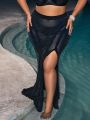 SHEIN Leisure Plus Size 1pc High Slit Glitter Mesh Cover Up Skirt