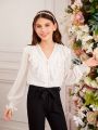 SHEIN Kids CHARMNG Girls' V-Neck Lotus Edge Decoration Lantern Sleeve Shirt, For Teenagers