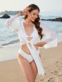 SHEIN Swim BohoFeel 1pc Lace Cuff Tie Front Kimono