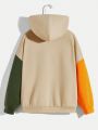SHEIN Kids EVRYDAY Boys' Casual Stitching Hooded Sweatshirt With Applique Letter And Contrasting Colored Sleeves & Solid Color Knitted Long Pants Two-piece Set