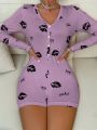 Women's Lip Print Pattern Short Jumpsuit Pajamas