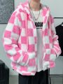 Manfinity Hypemode Men's Pink Plaid Zipper Hooded Plush Jacket