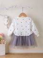 Baby Girls' Polka Dot Pattern Cute And Sweet Long Sleeve Mesh Spliced Dress For Autumn And Winter
