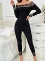 Contrast Lace Off Shoulder Thermal Underwear Set