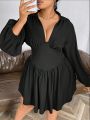 Women's Plus Size Lantern Sleeve V-neck Belted Dress