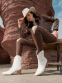 Styleloop FashionVintage Stitch Detail White Chunky Heel BootsWestern Boots