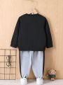 SHEIN 2pcs/set Toddler Boys' Simple Letter Print Long Sleeve Sweatshirt And Pants Suit For Autumn