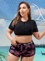 SHEIN Swim SPRTY Plus Size Women'S Leaf Print Swim Shorts With Diagonal Pocket