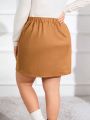 SHEIN Essnce Plus Size Women'S Elegant Fitted Button-Up Faux Pu Midi Skirt