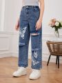 Teenage Girls' Butterfly Print Distressed Loose Fit Straight Leg Jeans