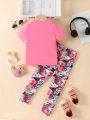 SHEIN Kids HYPEME Young Girls' Simple Style T-Shirt With Print And Cool English Letter Print Streetwear Pants Summer Outfits