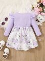 Infant Girls' Flower Pattern Printed Patchwork Dress With Ruffle Hem And Bowknot Decor