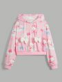 Kawaii Hooded Sweatshirt With Cartoon Printed Pattern And Bowknot Decor