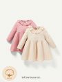 Cozy Cub 2pcs Baby Girls' Round Neck Ruffle & Hollow Out Detail Long Sleeve Dress With Waist Tightening Design