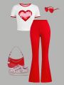 Teen Girl's Letter & Heart Printed Short Sleeve T-Shirt And Bell Bottoms Pants Set