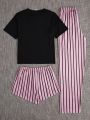 Women'S Slogan Printed Short Sleeve Top And Striped Shorts/Pants Pajama Set