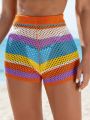 SHEIN Swim BohoFeel Women'S Striped Hollow Out Knit Cover Up Shorts