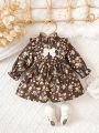 Baby Girl Floral Print Ruffle Trim Flounce Sleeve Bow Front Dress