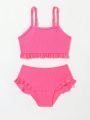 Young Girl Solid Color Ruffled Swimsuit Set