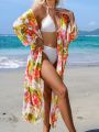 SHEIN Swim Vcay Full Print Flower Pattern Kimono Cardigan