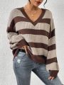 SHEIN Frenchy Color Block Stripe V-neck Sweater Pullover