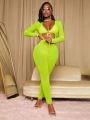 SHEIN Slayr Neon Lime Tie Front Plunging Neck Unitard Jumpsuit Without Lingerie Set