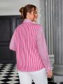 SHEIN Privé Plus Size Women's Striped Patchwork Horizontal Stripe Shirt