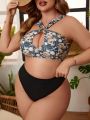 SHEIN Swim Y2GLAM Plus Size Women'S Floral Printed Hollow Out Swimsuit Top