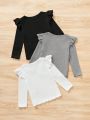SHEIN Kids EVRYDAY Young Girl 3pcs Casual Comfortable Solid Color Long Sleeve T-Shirt