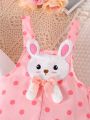 SHEIN Kids QTFun Toddler Girls' Cute Doll Collar Shirt With Bunny Print Polka Dot Overalls Set