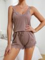 Solid Contrast Lace Tank Top & Shorts PJ Set