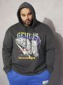 SHEIN Extended Sizes Men Plus Letter & Eagle Print Drawstring Hoodie