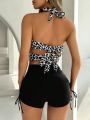 SHEIN DD+ Women's Leopard Print Halter Neck Bikini Set