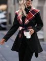 Women's Plaid Patchwork Shawl Collar Hooded Woolen Coat With Belt