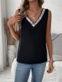 SHEIN LUNE Women's V-neck Sequin Patchwork Vest