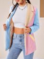 SHEIN Qutie Color Block Lapel Neck Open Front Teddy Coat