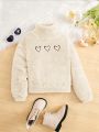 SHEIN Kids KDOMO Girls' Loose Fit College Love Heart Embroidery Half Turtle Neck Sweatshirt