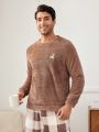 Men's Teddy Bear Letter Embroidered Top & Plaid Pants Plush Homewear Set