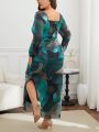 SHEIN Privé Plus Size Elegant Abstract Printed Split Dress