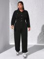 SHEIN ICON Plus Size Women's Denim Jumpsuit With Shirt Collar