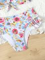 Girls' Printed Contrast Binding Swimsuit Top And Ruffle Hem Swim Bottom Set