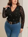 SHEIN Clasi Plus Size Women's Lace Patchwork Sparkly Top