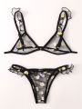 Floral Pattern Mesh Lingerie Set