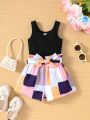 SHEIN Baby Girls' Casual Solid Color Tank Top With Geometric Print Belted Shorts Set