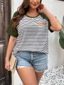 SHEIN LUNE Plus Size Color-blocking Striped & Printed Short Sleeve Casual T-shirt