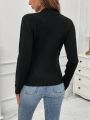 SHEIN LUNE Buckle Decor Casual V-neck Women's Sweater