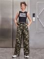 SHEIN Girls' Knitted Letter Printed Vest With Diagonal Pockets & Camouflage Pants & 1pc Waist Bag