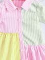 SHEIN Baby Girls' Stylish Turn-Down Collar Color Block Striped Shirt Dress