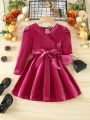 Young Girl Surplice Neck Puff Sleeve Belted Dress