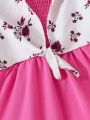 SHEIN Kids SUNSHNE 2pcs/Set Toddler Girls' Autumn Floral Pattern Shirt Collar Long Sleeve Tie Front And Pleated Waistband Cami Long Dress